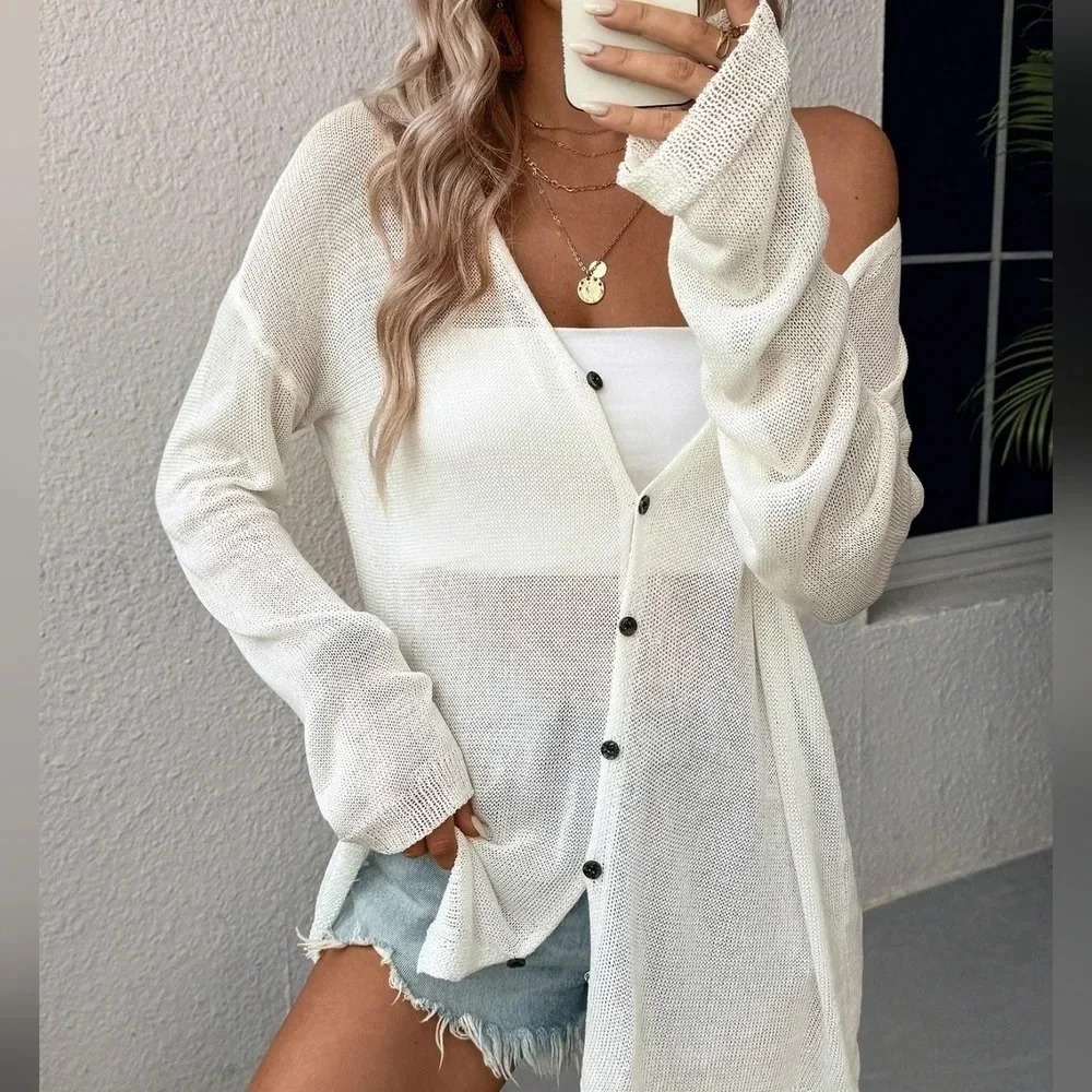 Women's Solid Color Loose Drop Shoulder See-Through Cardigan